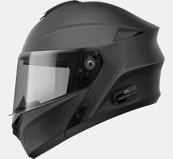 blacked out motorcycle helmet with bluetooth Sena Outrush R Modular Helmet